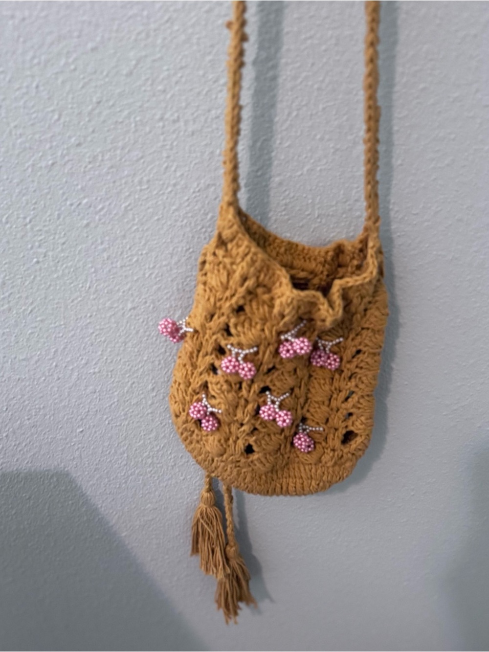 Free People Mustard Crochet Crossbody Bag with Pink Bead Cherry Accents